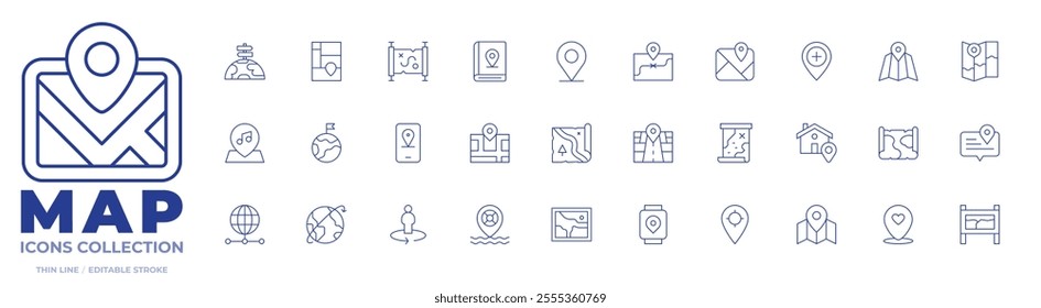 Map icons collection. Thin Line icons, editable stroke. gps, lifebuoy, location, map, placeholder, server, smartwatch, street map, street view, visiting, worldwide.