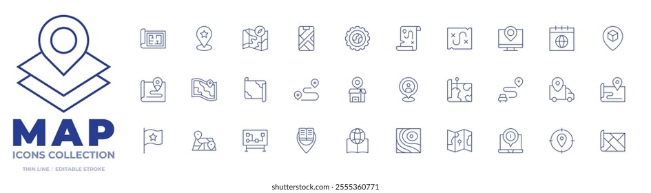 Map icons collection. Thin Line icons, editable stroke. book, customer journey, delivery box, delivery, flag, geo, location, map, money, placeholder, route.