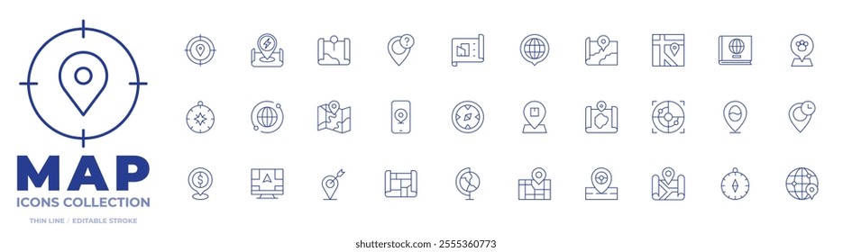 Map icons collection. Thin Line icons, editable stroke. city map, compass, direction, distribution, dollar, earth, global, location, map, maps, phone.