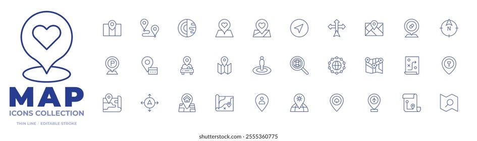Map icons collection. Thin Line icons, editable stroke. car sharing, casino, destination, global network, location, map, navigation, parking, person, placeholder, search.