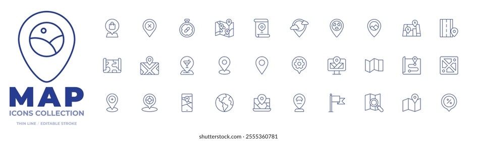 Map icons collection. Thin Line icons, editable stroke. bar, computer, event, flag, globe, location, map, maps, meeting point, placeholder, resource allocation.