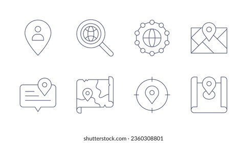 Map icons. editable stroke. Containing global network, location, map, map location, placeholder, search, speech bubble, treasure map.