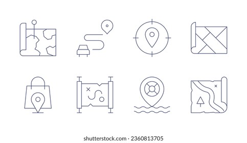 Iconos de mapa. trazo editable. Conteniendo geo, lifebuoy, mapa, ruta, bolso de compra, mapa del tesoro.