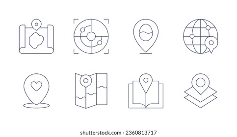 Map icons. editable stroke. Containing easter, globe grid, guide book, location, map, map marker, radar, street map.