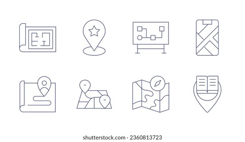 Map icons. editable stroke. Containing blueprint, customer journey, location, map, mobile map, placeholder.