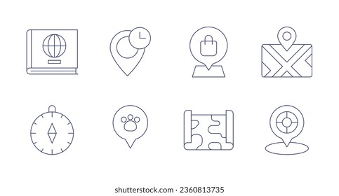 Map icons. editable stroke. Containing atlas, clock, compass, dog, location pin, map, maps, placeholder.
