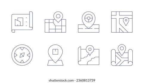 Iconos de mapa. trazo editable. Consta de arquitectura, mapa de la ciudad, brújula, distribución, ubicación, mapa, mapas, lugar.
