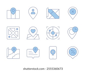 Map icons. Line Duotone style, editable stroke. map, phone, maps, placeholder, speech bubble, moba, clock, remove, radar.