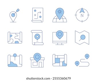 Map icons. Line Duotone style, editable stroke. location, map, north, search, planning, store, placeholder, route, maps.