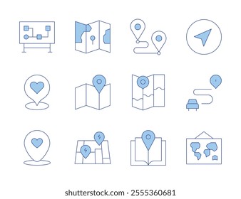 Map icons. Line Duotone style, editable stroke. guide book, navigator, world, route, map marker, street.