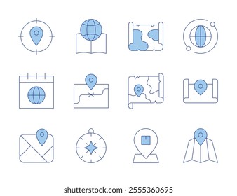 Map icons. Line Duotone style, editable stroke. compass, global, treasure, location, geo, book, calendar, placeholder, distribution, gps.