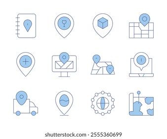 Map icons. Line Duotone style, editable stroke. city map, global network, placeholder, delivery, location, map, hospital, computer, money, guide book, easter.