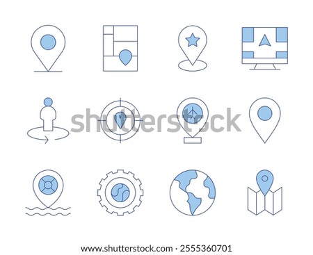 Map icons. Line Duotone style, editable stroke. aim, direction, map location, street view, treemap chart, location, map, lifebuoy, gear, globe.