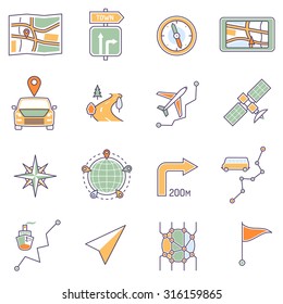 Map icons line set with route search and navigation symbols isolated vector illustration