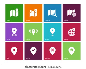 Map icons on color background. GPS and Navigation. Vector illustration.