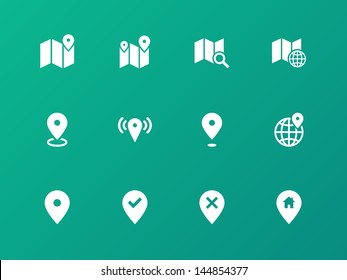 Map icons on green background. GPS and Navigation. Vector illustration.