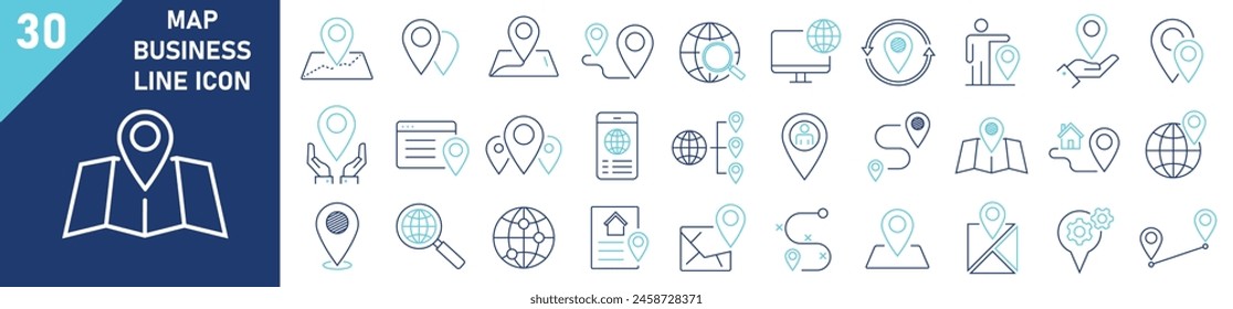 Map icons Pixel perfect. Map icon set. Set of 30 outline icons related to map. Linear icon collection. Map outline icons collection. Editable stroke. Vector illustration.
