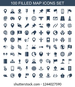 map icons. Set of 100 filled map icons included tunnel, crown, locations, map location, globe, location, flag on white background. Editable map icons for web, mobile and infographics.