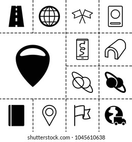 Map icons. set of 13 editable filled and outline map icons such as passport, location, planet and satellite, road, tunnel, route and phone, flag, international delivery