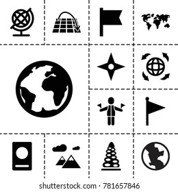 Map icons. set of 13 editable filled map icons such as passport, globe, flag, planet, mountain, compass, man with flags
