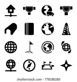 Map icons. set of 16 editable filled map icons such as globe, tunnel, road, planet, qround the globe, locations, home, flag, compass, passport