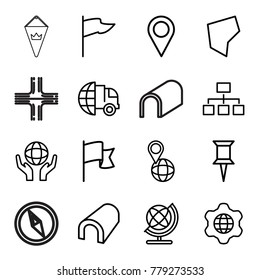 Map icons. set of 16 editable outline map icons such as tunnel, globe, pin, international delivery, flag, structure, pin on globe, land territory, location pin, road