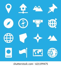 Map icons set. set of 16 map filled icons such as passport, road, globe, flag, land territory, mountain, home, compass, pin, world map