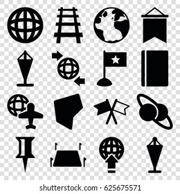 Map icons set. set of 16 map filled icons such as passport, globe, flag, pin, globe and plane, railway, land territory