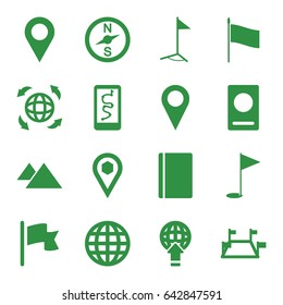 Map icons set. set of 16 map filled icons such as passport, location, globe, flag, gold flag, mountain, locations, compass, globe download