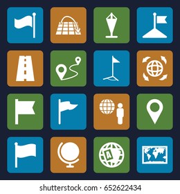 Map icons set. set of 16 map filled icons such as globe, flag, distance, road, location pin