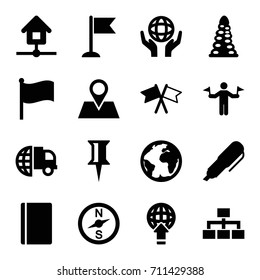 Map icons set. set of 16 map filled icons such as man with flags, passport, tunnel, pin, flag, structure, holding globe, location pin, home, pen, planet, compass