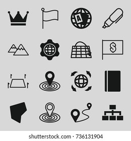 Map icons set. set of 16 map filled and outline icons such as passport, globe, structure, distance, land territory, globe in gear, crown, mountain, pen, flag with dollar