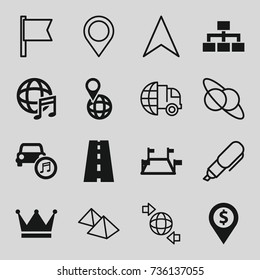 Map icons set. set of 16 map filled and outline icons such as structure, pin on globe, road, car music, international music, locations, crown, navigation arrow
