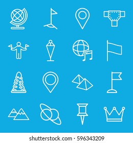 map icons set. Set of 16 map outline icons such as man with flags, tunnel, road, globe, flag, pin, international music, mountain, map location, location, crown