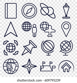 Map icons set. set of 16 map outline icons such as passport, globe, navigation arrow, globe and plane, home, compass, flag, planet and satellite, location, globe and man