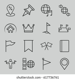Map icons set. set of 16 map outline icons such as man with flags, passport, qround the globe, international music, flag, home, map location, sale location, crown, internet