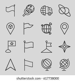 Map icons set. set of 16 map outline icons such as flag, navigation arrow, location, globe, compass, international delivery, planet and satellite
