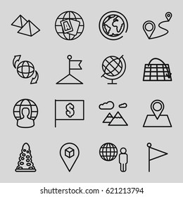 Map icons set. set of 16 map outline icons such as tunnel, globe, flag, qround the globe, location pin, distance, location, mountain, flag with dollar, planet