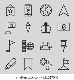 Map icons set. set of 16 map outline icons such as flag, pin, navigation arrow, globe and plane, pen, gold flag, flag with dollar, crown, internet, route and phone, locations