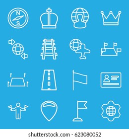 Map icons set. set of 16 map outline icons such as man with flags, passport, flag, globe and plane, qround the globe, railway, road, land territory, crown, location, compass