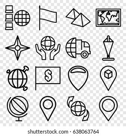 Map icons set. set of 16 map outline icons such as qround the globe, holding globe, location, mountain, location pin, compass, flag, globe, international delivery