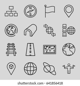 Map icons set. set of 16 map outline icons such as man with flags, globe, tunnel, structure, qround the globe, railway, road, location, planet and satellite, planet, internet