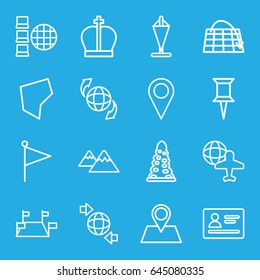 Map icons set. set of 16 map outline icons such as passport, tunnel, pin, globe and plane, qround the globe, location pin, land territory, mountain, flag, crown, internet