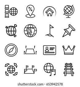 Map icons set. set of 16 map outline icons such as passport, globe, railway, international music, land territory, home, flag, sale location, compass, crown, internet