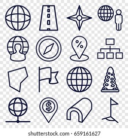 Map icons set. set of 16 map outline icons such as tunnel, structure, road, land territory, user globe, flag, globe, compass, sale location, dollar location
