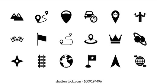 Map icons. set of 18 editable filled map icons: man with flags, globe, location, planet and satellite, distance, car music, mountain, finish flag, flag, crown, compass