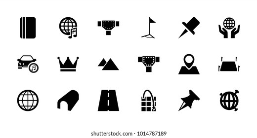 Map icons. set of 18 editable filled map icons: tunnel, road, pin, land territory, flag, crown, mountain, globe, passport, holding globe, location pin, move on map, car music