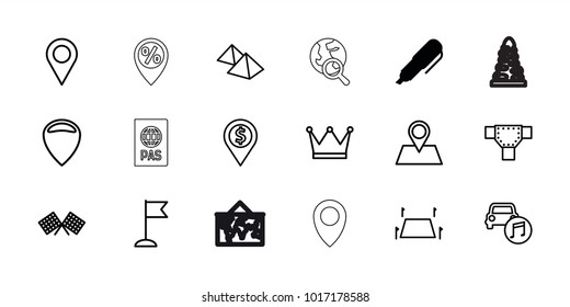 Map icons. set of 18 editable outline map icons: pen, road, location, dollar location, flag, car music, land territory, finish flag, crown, mountain, passport, tunnel