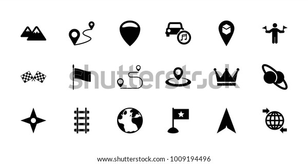 Map icons. set of 18\
editable filled map icons: man with flags, globe, location, planet\
and satellite, distance, car music, mountain, finish flag, flag,\
crown, compass