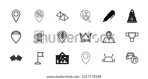 Map icons. set of 18\
editable outline map icons: pen, road, location, dollar location,\
flag, car music, land territory, finish flag, crown, mountain,\
passport, tunnel